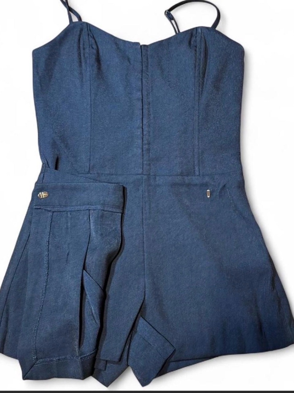 Lush Navy Blue Romper With Pleated Front Skirt